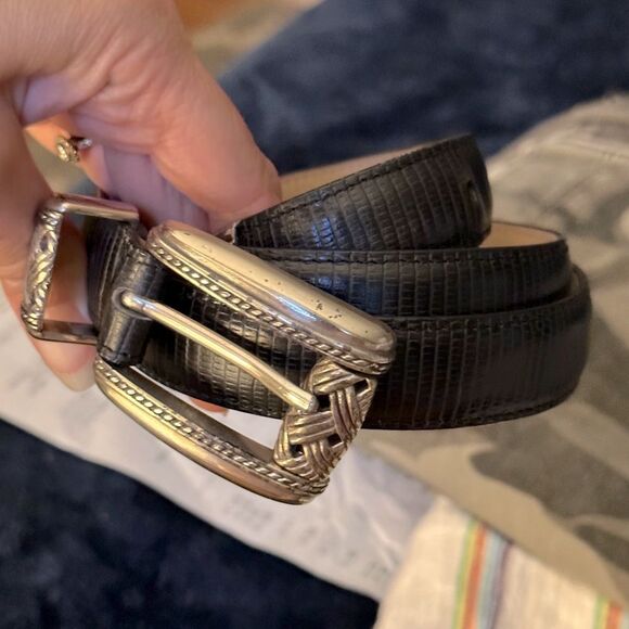 Vintage Black Leather Brighton Belt Silver Plated Buckle Size Large - Picture 1 of 13